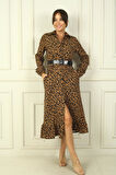 Kadın Gömlek Yaka Uzun Kol Önü Düğmeli Leopar Desenli Kemerli Elbise