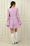 Kadın Önü Pencereli Tüy Detaylı Astarlı Pulpayet Kısa Elbise
