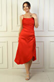 Kadın İp Askılı Drapeli Astarlı Asimetrik Midi Elbise