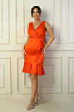 Kadın Kruvaze Yaka Astarlı Önü Drapeli Önü Volanlı Saten Kısa Elbise