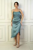 Kadın İp Askılı Drapeli Astarlı Asimetrik Midi Elbise