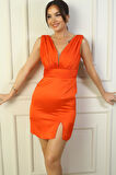 Kadın V Yaka Drapeli Astarlı Yırtmaçlı Kısa saten Elbise