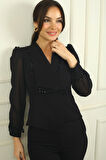 Kadın Kruvaze Yaka Astarlı Kolları Şifon Boncuk Detaylı Krep Ceket