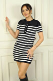 Kadın Önü Düğme Detaylı Çizgili Yumoş Kısa Elbise