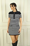 Kadın Önü Düğme Detaylı Çizgili Yumoş Kısa Elbise