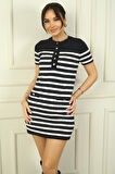 Kadın Önü Düğme Detaylı Çizgili Yumoş Kısa Elbise