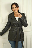 Kadın Devrik Yaka BeliKuşaklı Astarlı Yandan Cepli Deri Trenç Ceket