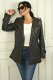 Kadın Devrik Yaka BeliKuşaklı Astarlı Yandan Cepli Deri Trenç Ceket
