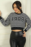 Kadın Enine Çizgili 1988 Yazılı İçi Şardonlu Oversize Sweatshirt