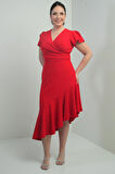 Kadın Kruvaze Yaka Önü Drapeli Astarlı Eteği Volanlı Büyük Beden Krep Elbise