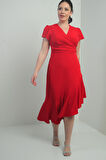 Kadın Kruvaze Yaka Önü Drapeli Astarlı Eteği Volanlı Büyük Beden Krep Elbise