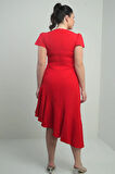 Kadın Kruvaze Yaka Önü Drapeli Astarlı Eteği Volanlı Büyük Beden Krep Elbise