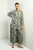 Kadın Yanları Yırtmaçlı Tunik Gömlek Beli Lastikli Cepli Palazzo Pantolon Yaprak Desenli Oversize 2'li Takım