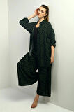 Kadın  Yanları Yırtmaçlı Tunik Gömlek Beli Lastikli Palazzo Pantoln Zigzag Desen Oversize 2'li Takım