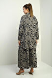 Kadın  Yanları Yırtmaçlı Tunik Gömlek Beli Lastikli Palazzo Pantoln Zigzag Desen Oversize 2'li Takım