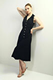 Kadın Polo Yaka Ön Pile Düğme Detaylı Midi Keten Elbise