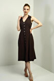Kadın Polo Yaka Ön Pile Düğme Detaylı Midi Keten Elbise