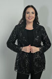 Kadın Pullu Tül Ceket Likralı Uzun Kol Bluz Büyük Beden 2'li Takım