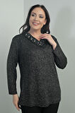 Kadın İnci-Taş Detaylı V Yaka Likralı Simli Büyük Beden Bluz