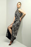 Kadın Taş Detaylı Halter Yaka Leopar Desenli Kendinden Telalı Midi Elbise