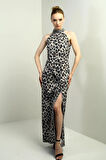 Kadın Taş Detaylı Halter Yaka Leopar Desenli Kendinden Telalı Midi Elbise