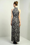 Kadın Taş Detaylı Halter Yaka Leopar Desenli Kendinden Telalı Midi Elbise