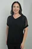 Kadın V Yaka Omuzu Fileli Pullu Büyük Beden Likralı Bluz