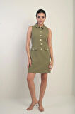 Kadın Çift Cepli Düğme Detaylı Kolsuz Kısa Elbise