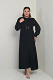 Kadın Kolu Ve Önü Pullu Büyük Beden Uzun Tesettür Elbise