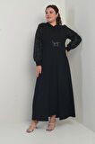 Kadın Kolu Ve Önü Pullu Büyük Beden Uzun Tesettür Elbise