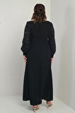 Kadın Kolu Ve Önü Pullu Büyük Beden Uzun Tesettür Elbise