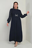 Kadın Kolu Ve Önü Pullu Büyük Beden Uzun Tesettür Elbise
