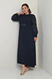 Kadın Kolu Ve Önü Pullu Büyük Beden Uzun Tesettür Elbise