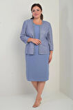 Kadın Kolsuz Astarlı Elbise Pul İşlemeli Ceket Taş Detaylı Büyük Beden 2'li Takım