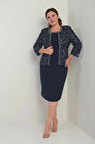 Kadın Kolsuz Elbise Pul İşlemeli Tül Ceket Boncuk Detaylı Astarlı Büyük Beden 2'li Takım