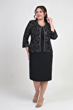 Kadın Kolsuz Elbise Pul İşlemeli Tül Ceket Boncuk Detaylı Astarlı Büyük Beden 2'li Takım