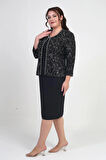 Kadın Kolsuz Elbise Pul İşlemeli Tül Ceket Boncuk Detaylı Astarlı Büyük Beden 2'li Takım