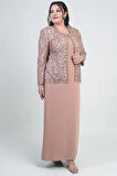 Kadın Pul İşlemeli Boncuk Detaylı Tül Ceket Yarım Ay Kollu Uzun Elbise Astarlı Krep Büyük Beden 2'li Takım