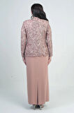 Kadın Pul İşlemeli Boncuk Detaylı Tül Ceket Yarım Ay Kollu Uzun Elbise Astarlı Krep Büyük Beden 2'li Takım