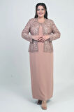 Kadın Pul İşlemeli Boncuk Detaylı Tül Ceket Yarım Ay Kollu Uzun Elbise Astarlı Krep Büyük Beden 2'li Takım