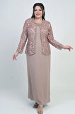 Kadın Pul İşlemeli Boncuk Detaylı Tül Ceket Yarım Ay Kollu Uzun Elbise Astarlı Krep Büyük Beden 2'li Takım