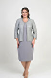 Yaka Taşlı Astarlı Krep Elbise Pulpayet Ceket Büyük Beden İkili Takım