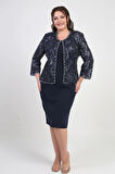 Kadın Pul İşlemeli Boncuk Detaylı Tül Ceket Yarım Ay Kollu Kısa Elbise Astarlı Krep Büyük Beden 2'li Takım