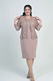 Kadın Pul İşlemeli Boncuk Detaylı Tül Ceket Yarım Ay Kollu Kısa Elbise Astarlı Krep Büyük Beden 2'li Takım