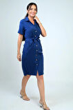 Kadın Ön Bağlamalı Cepli Önü Düğmeli Astarlı Kısa Lyocell Elbise