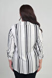 Kadın Kol Katlamalı Boyuna Çizgili Büyük Beden Gömlek