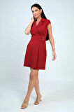 Kadın Kruvaze Yaka Toka Detaylı Eteği Pileli Likralı Krep Elbise