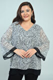 Kadın V Yaka Desenli Büyük Beden Şifon Bluz
