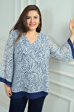 Kadın V Yaka Desenli Büyük Beden Şifon Bluz