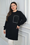Kadın Önü Tek Cepli Taş Baskı Detaylı Büyük Beden TrikoTunik Bluz